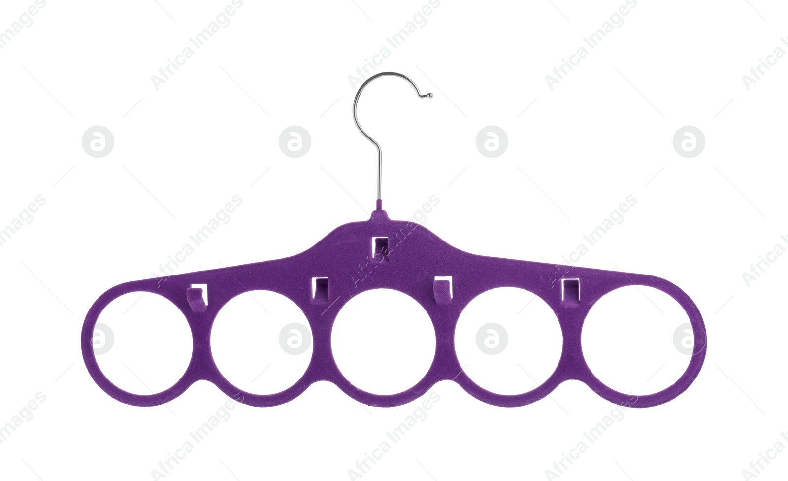 Photo of Empty purple hanger isolated on white. Wardrobe accessory