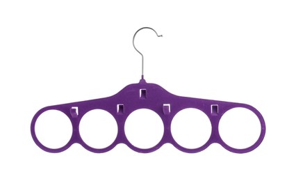 Photo of Empty purple hanger isolated on white. Wardrobe accessory