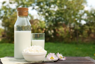 Tasty fresh milk and cottage cheese on wooden table outdoors. Space for text