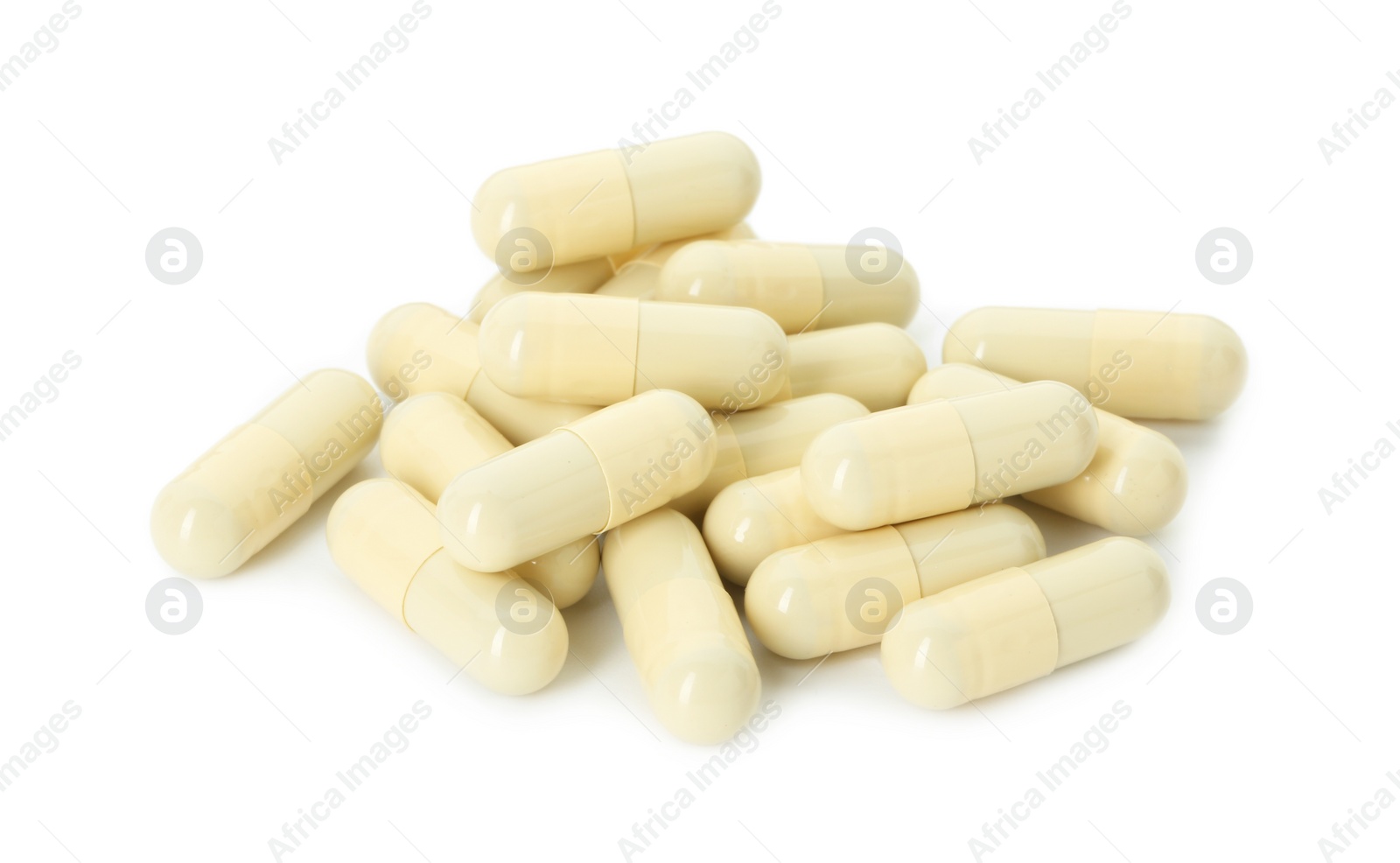 Photo of Vitamin capsules isolated on white. Health supplement