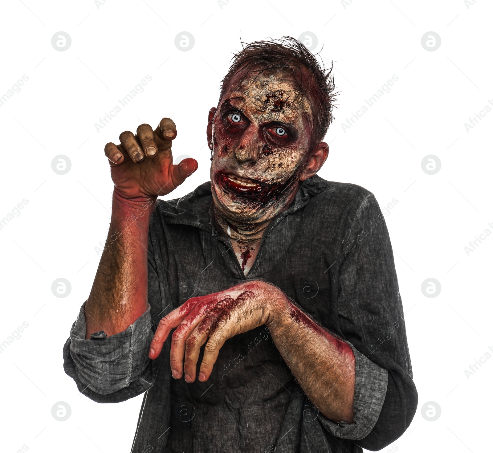 Photo of Scary zombie on white background. Halloween monster