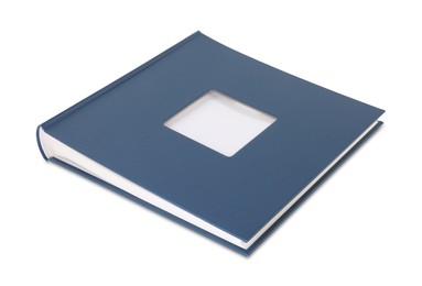 Photo of Blue closed photo album isolated on white