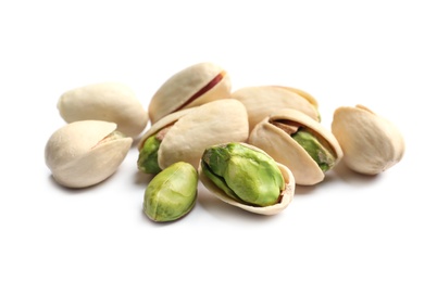 Photo of Tasty organic pistachio nuts on white background, closeup