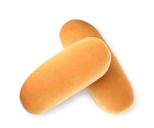 Photo of Two fresh hot dog buns isolated on white, top view