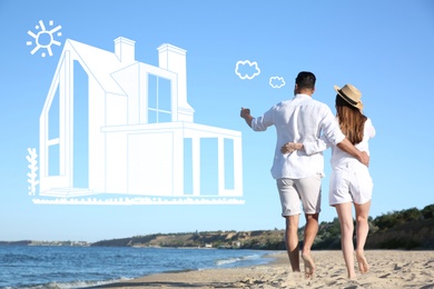 Couple imagining dream house outdoors. Illustration of building