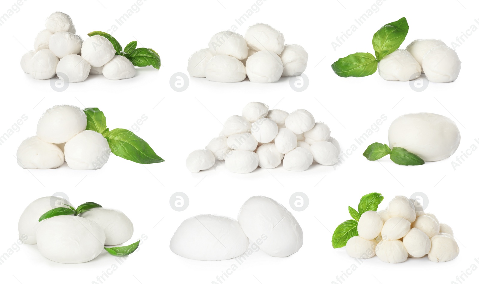 Image of Set with tasty mozzarella on white background 