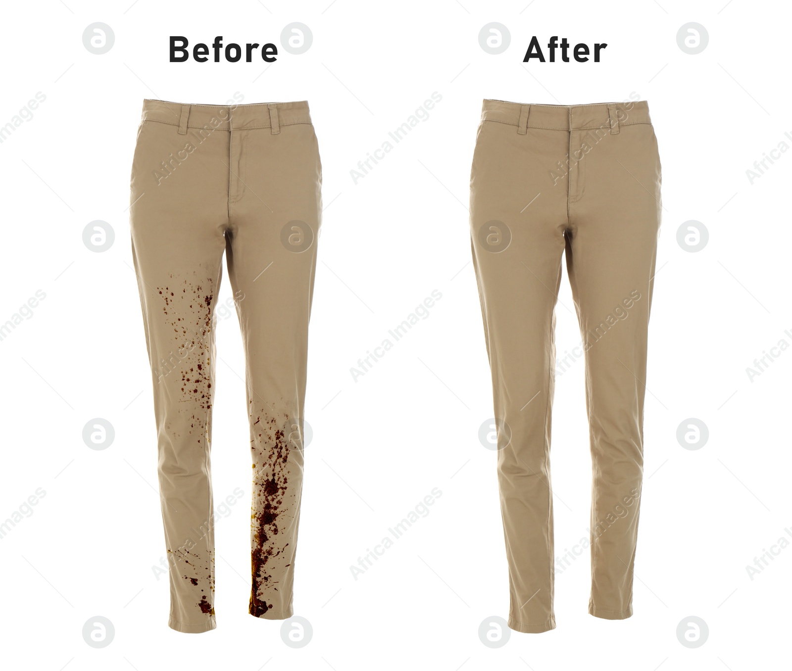 Image of Stylish trousers before and after washing on white background, collage. Dry-cleaning service