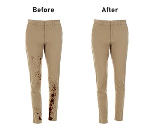 Image of Stylish trousers before and after washing on white background, collage. Dry-cleaning service