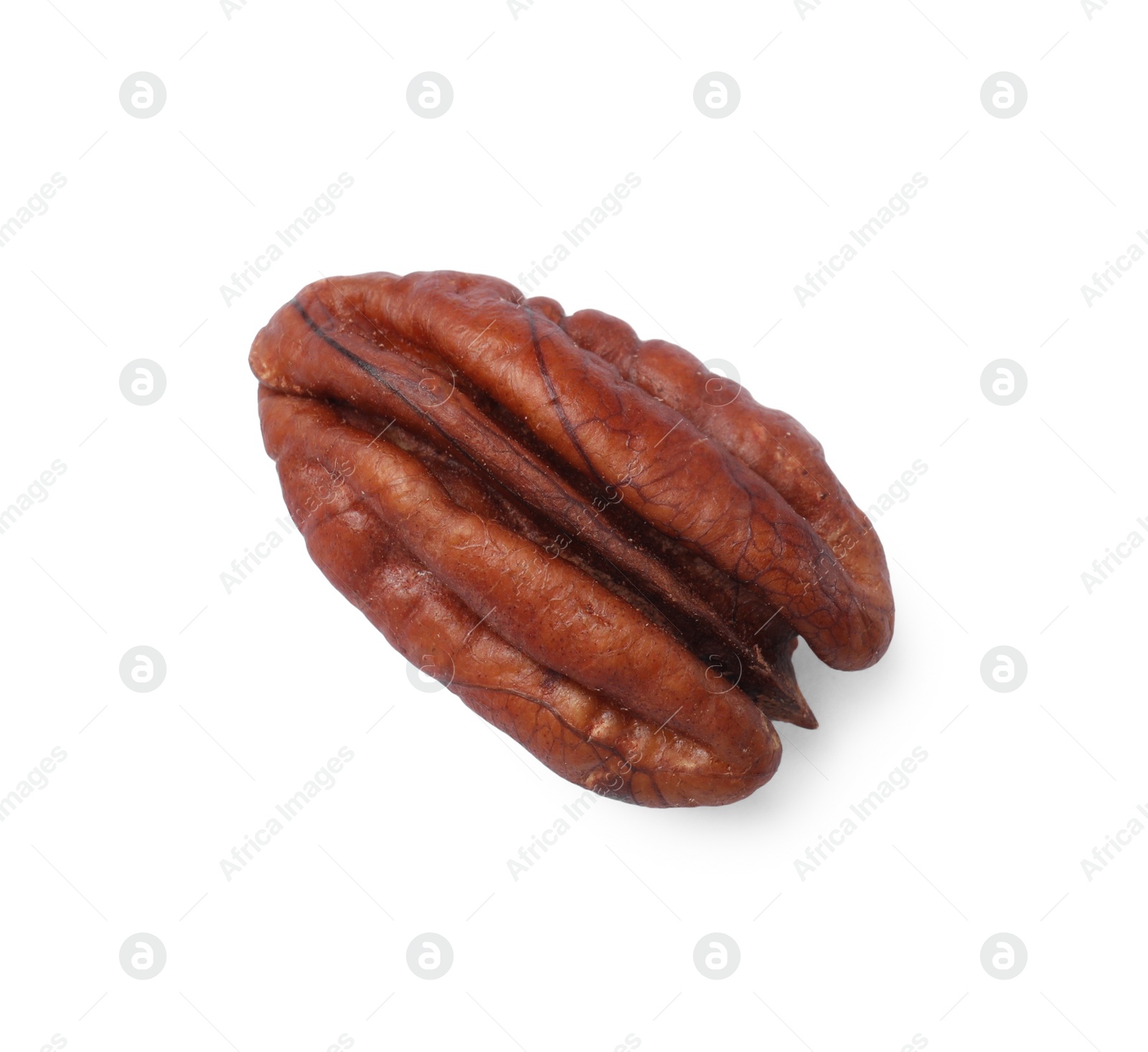 Photo of One tasty pecan nut isolated on white, top view