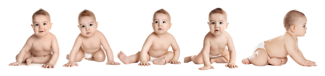 Image of Collage with photos of cute baby crawling on white background. Banner design
