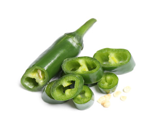 Cut green hot chili pepper on white background