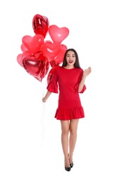 Photo of Beautiful girl with heart shaped balloons isolated on white. Valentine's day celebration