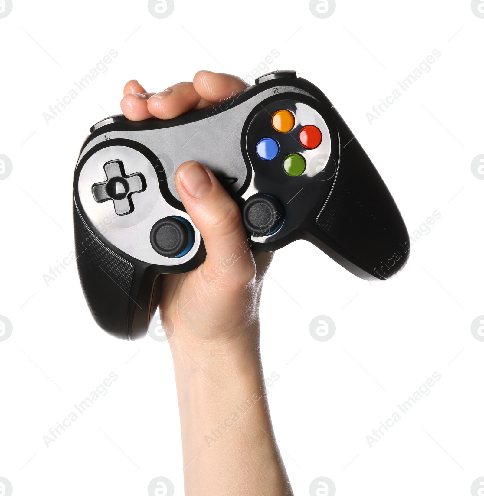 Photo of Woman holding game controller on white background, closeup