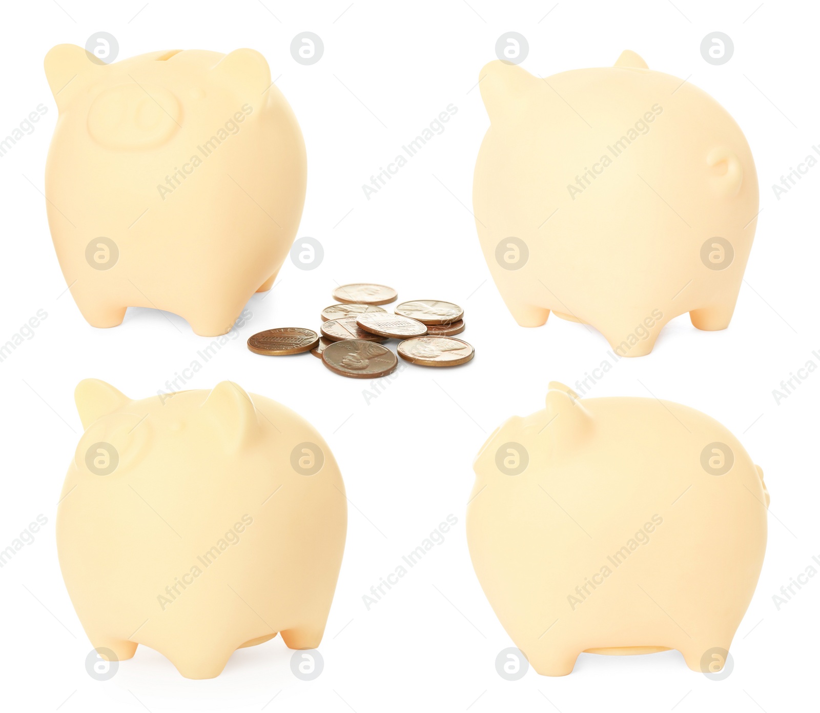 Image of Set with piggy banks on white background