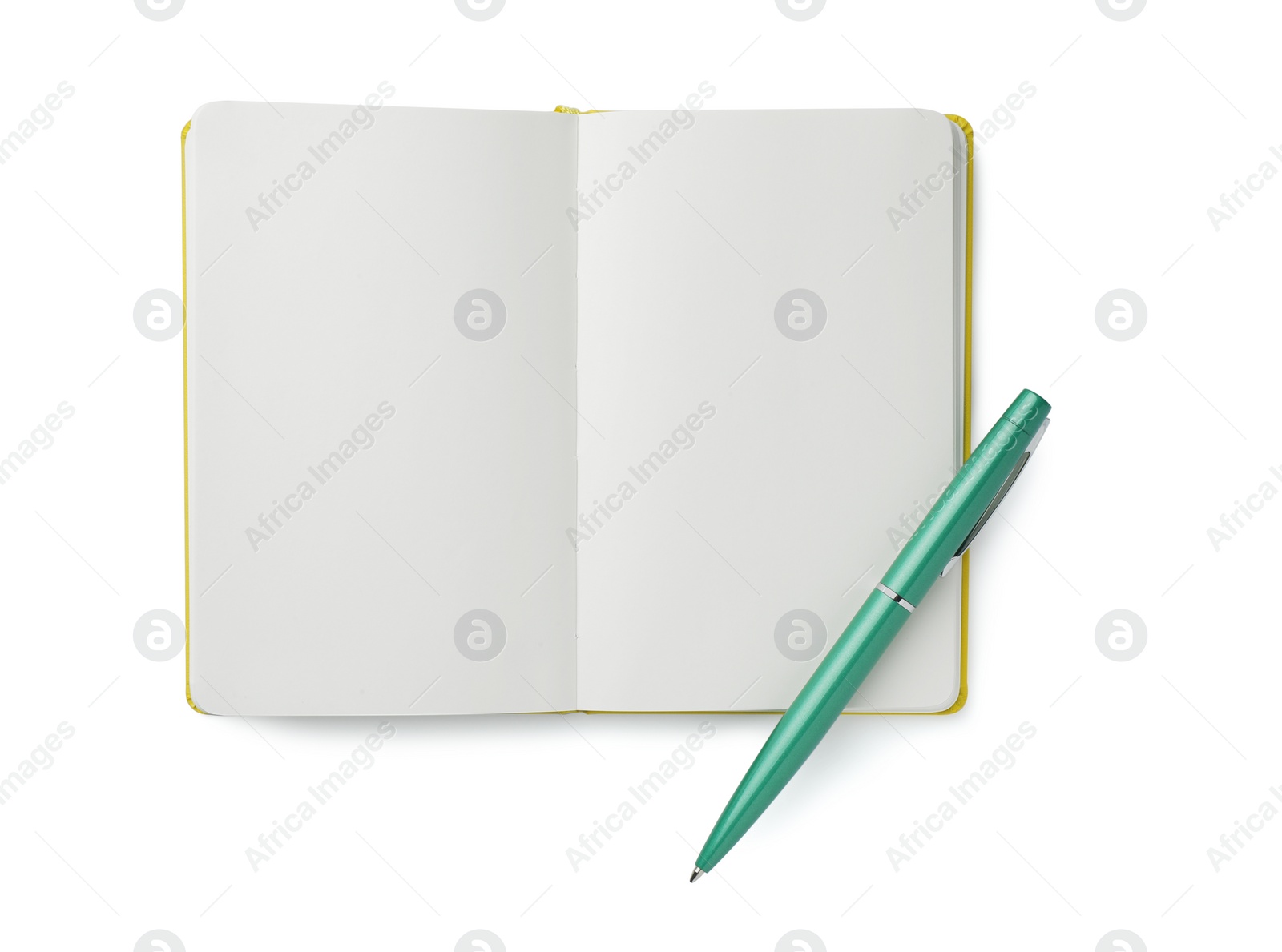 Photo of Open notebook with blank pages and pen isolated on white, top view