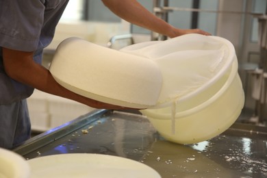 Photo of Worker taking fresh cheese from mould at modern factory, closeup