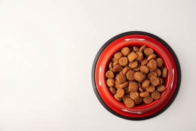 Photo of Dry dog food in feeding bowl on beige background, top view. Space for text