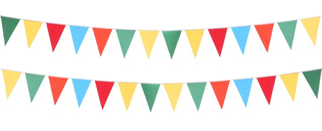 Image of Colorful triangular bunting flags on white background, banner design. Festive decor