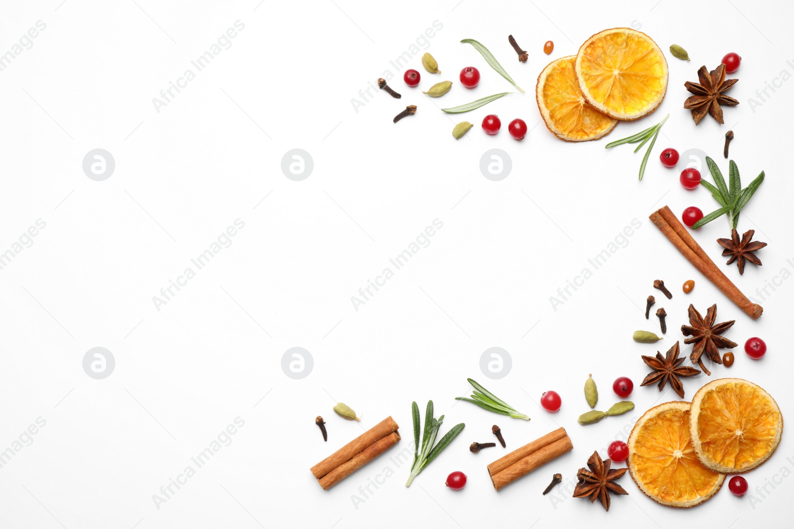 Photo of Different mulled wine ingredients on white background, flat lay. Space for text