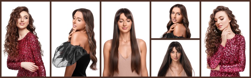 Beautiful women with different hairstylings on white background. Collage of photos