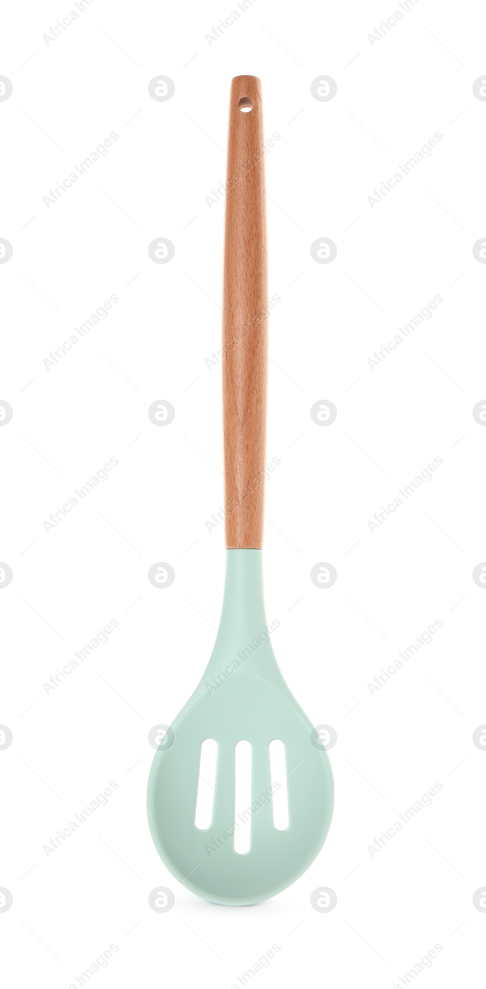 Photo of Slotted spoon with wooden handle isolated on white. Kitchen utensil