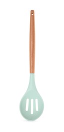 Slotted spoon with wooden handle isolated on white. Kitchen utensil