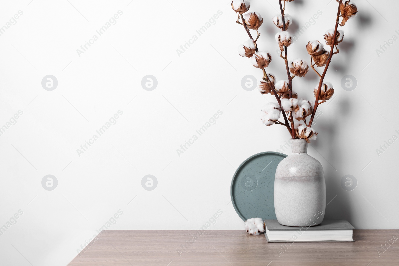 Photo of Book and vase with cotton branches on wooden table against white background. Space for text