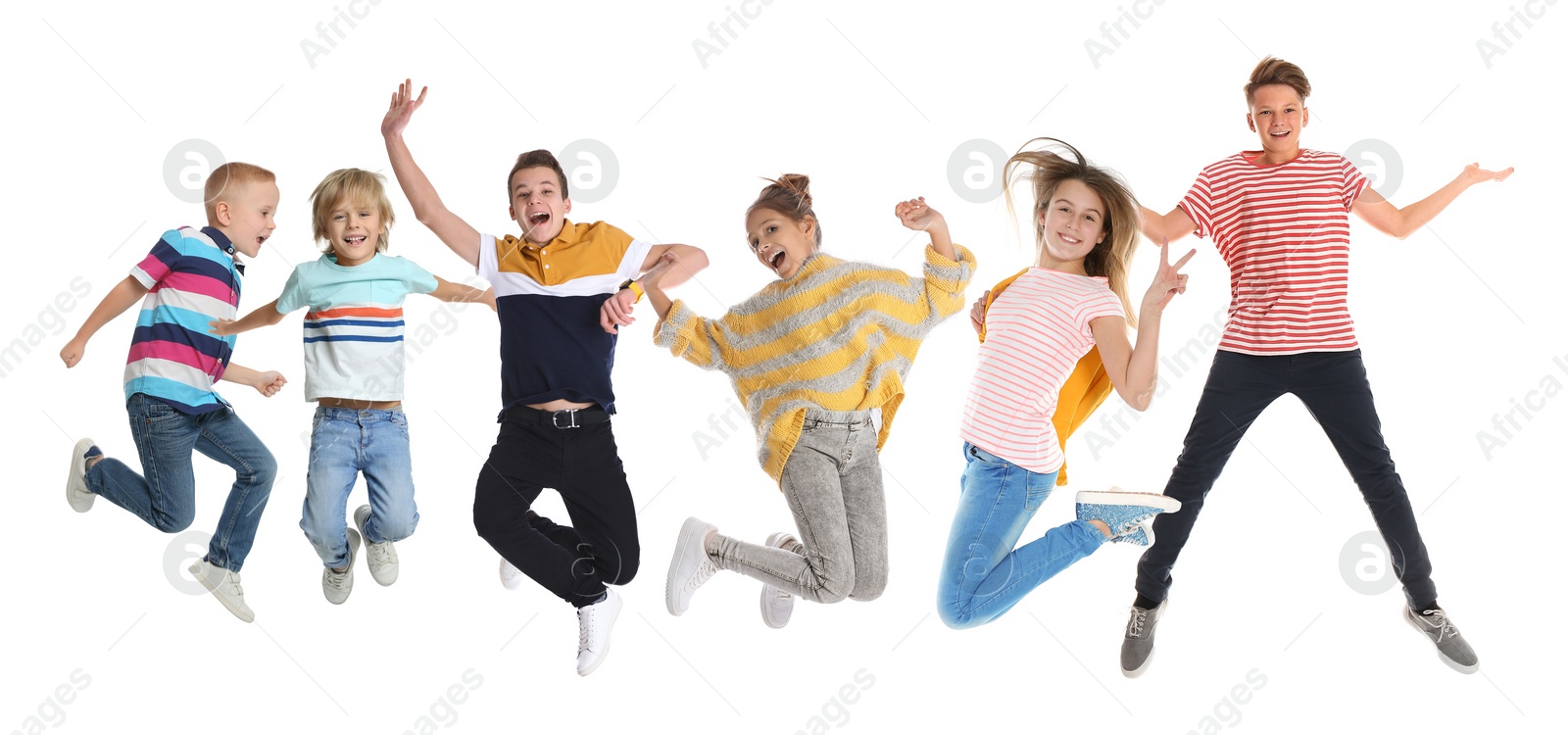 Image of Collage with photos of jumping children on white background