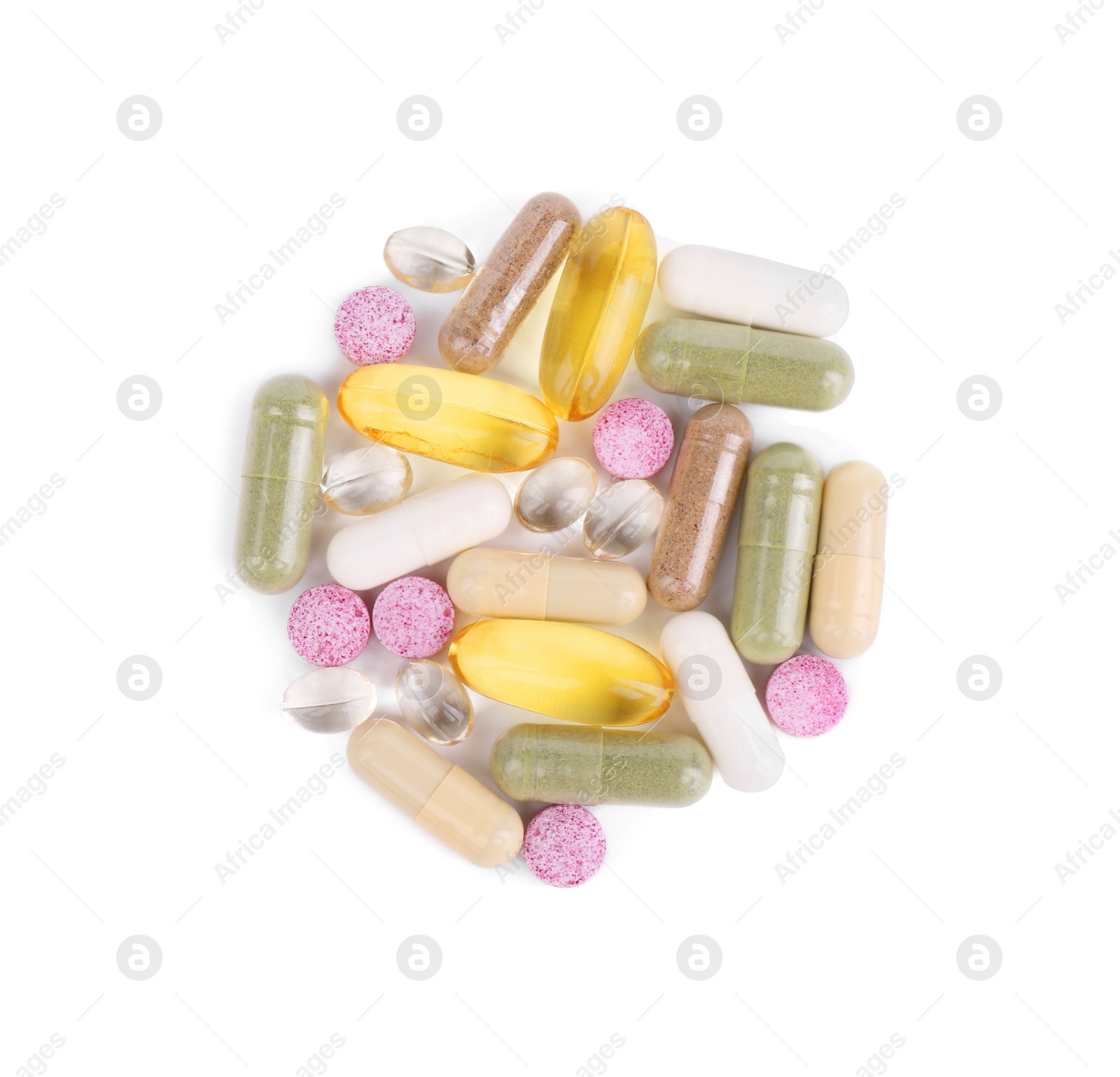 Photo of Many different vitamin pills isolated on white, top view