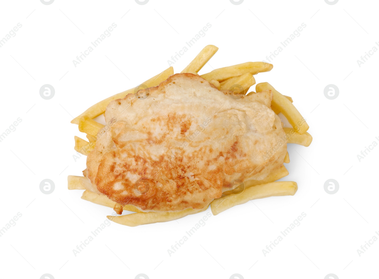 Photo of Tasty fish in soda water batter and potato chips isolated on white, top view