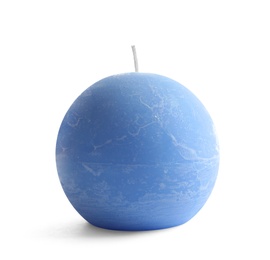 Photo of Blue round wax candle on white background