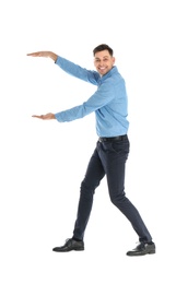 Man in office wear holding something on white background