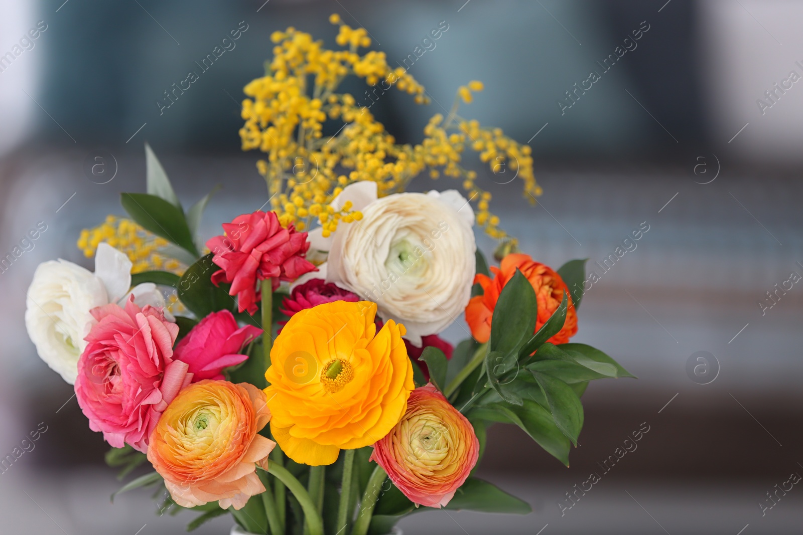 Photo of Beautiful ranunculus flowers on blurred background