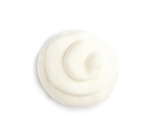 Delicious sour cream on white background, top view. Dairy product