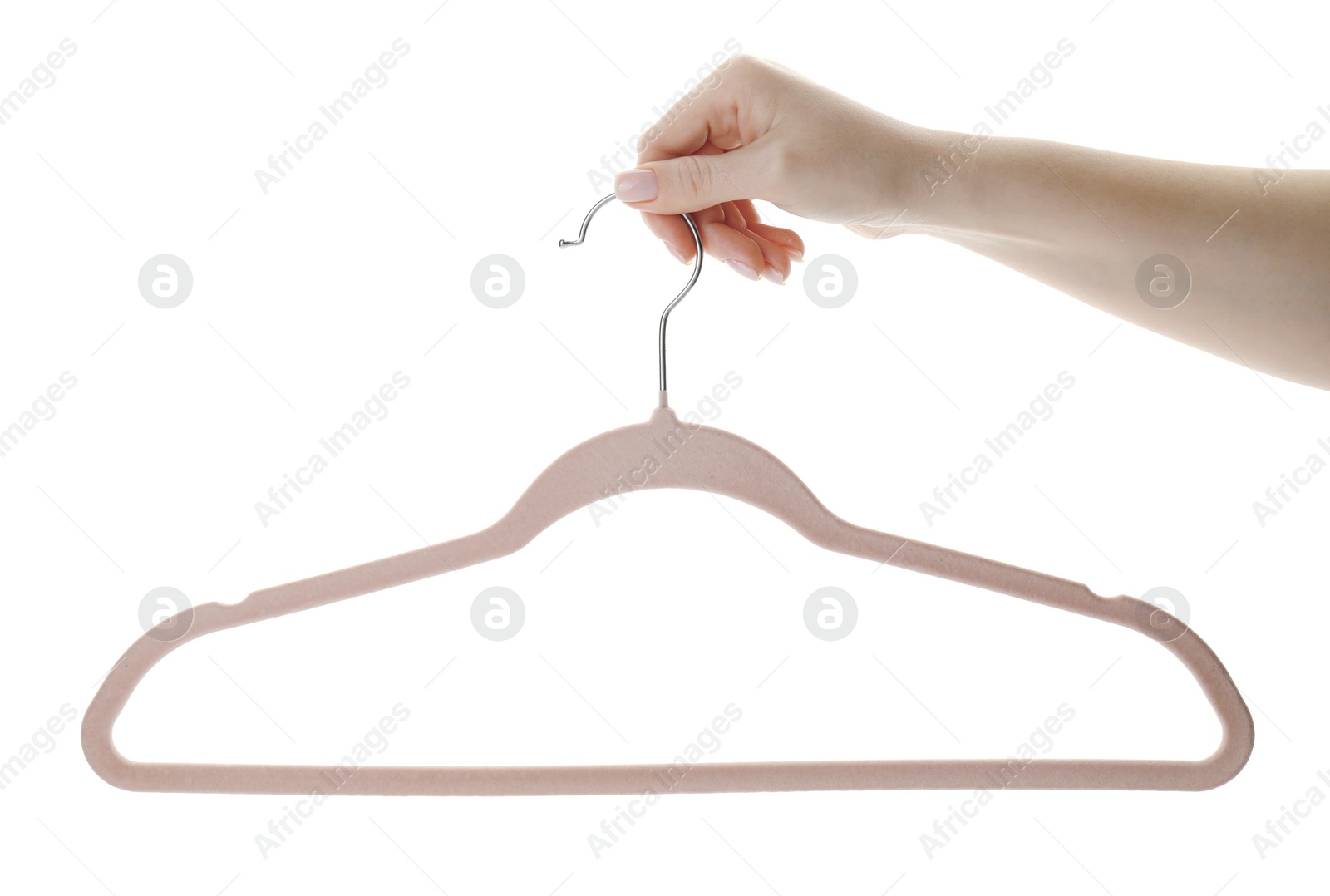 Photo of Woman holding hanger on white background, closeup