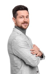 Photo of Handsome bearded businessman in suit on white background