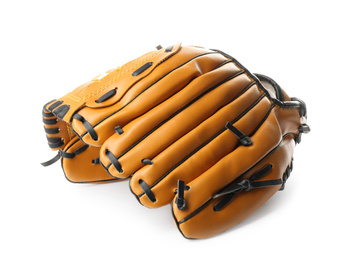 Photo of Leather baseball glove isolated on white. Sportive equipment