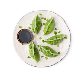 Delicious green dumplings (gyozas) and soy sauce isolated on white, top view