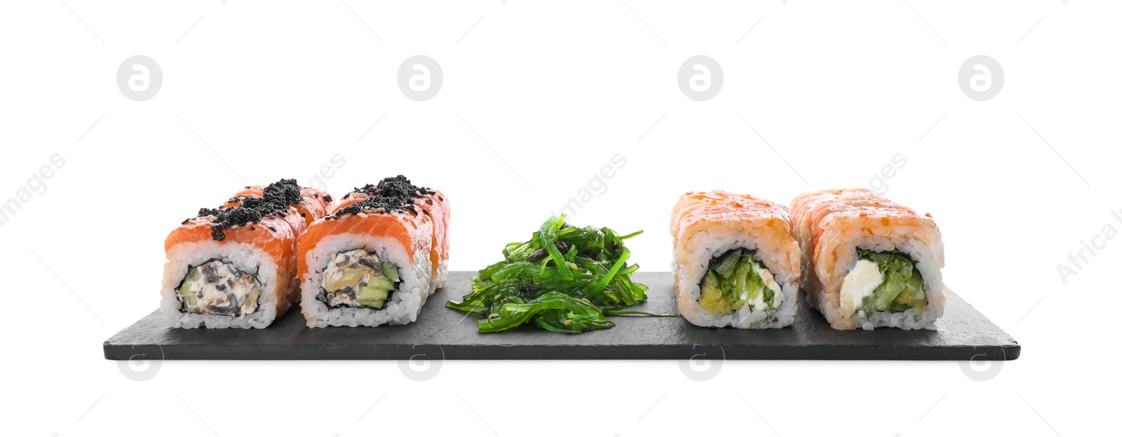 Photo of Delicious sushi rolls and chuka on white background