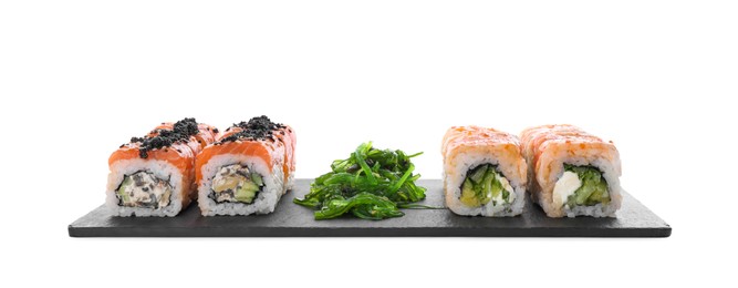 Photo of Delicious sushi rolls and chuka on white background