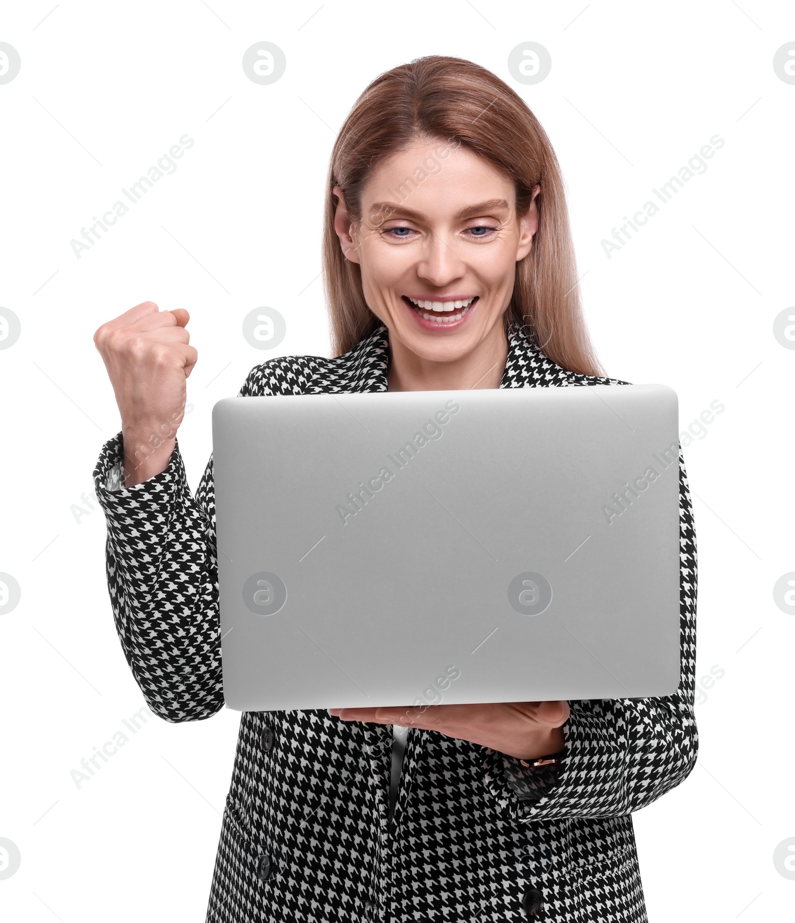 Photo of Beautiful happy businesswoman with laptop on white background