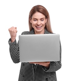 Beautiful happy businesswoman with laptop on white background