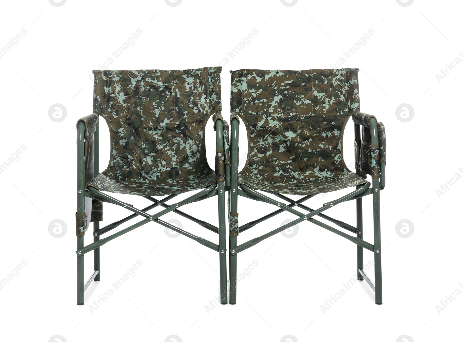 Photo of Comfortable camouflage fishing chairs on white background