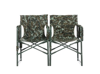 Photo of Comfortable camouflage fishing chairs on white background