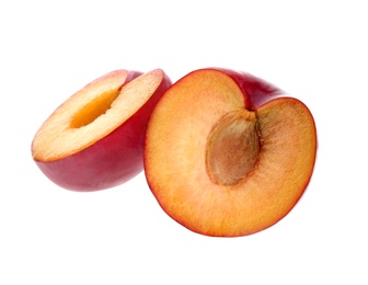 Photo of Cut fresh ripe plum isolated on white