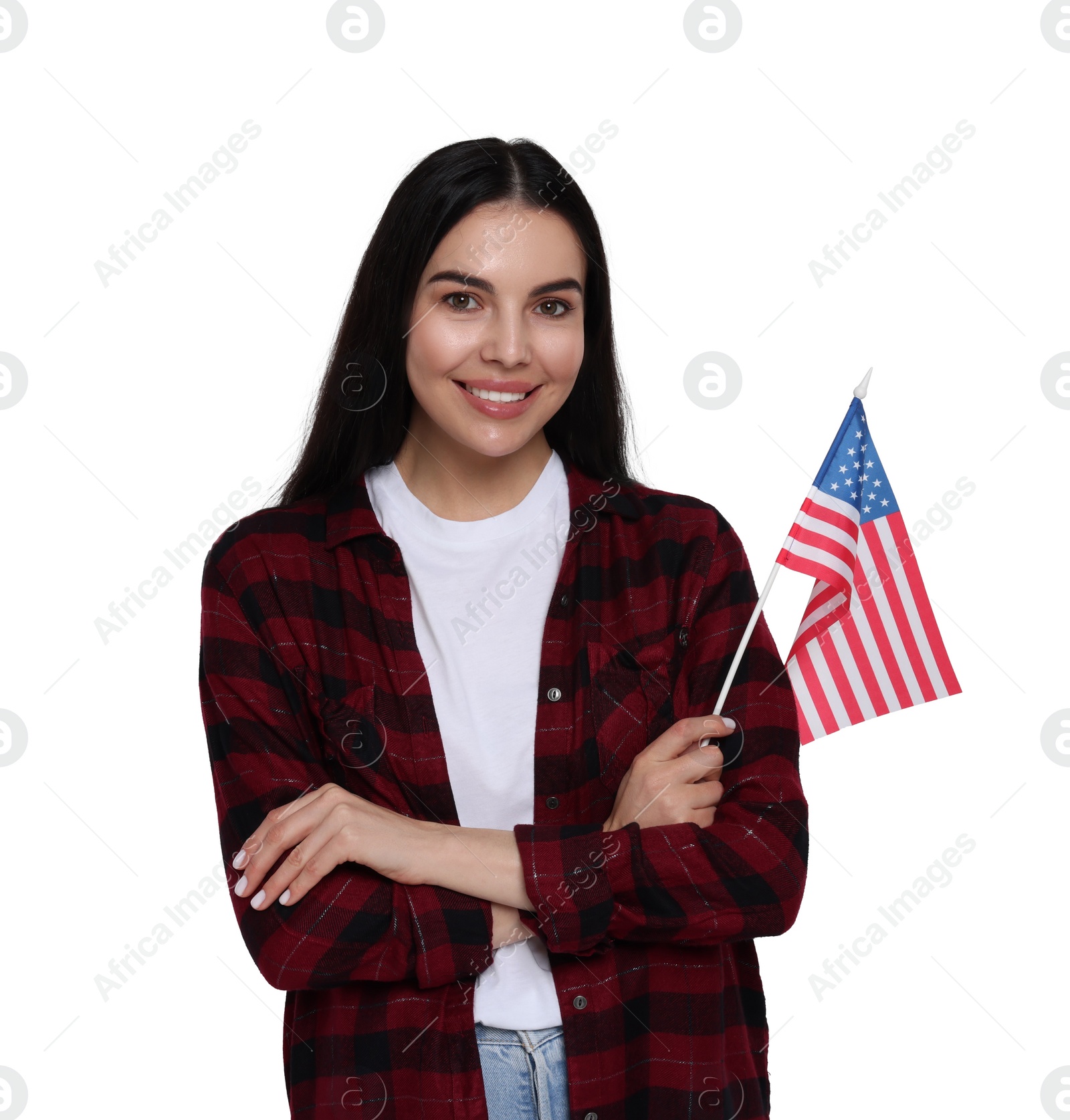 Image of 4th of July - Independence day of America. Happy young woman holding national flag of United States on white background