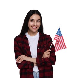 Image of 4th of July - Independence day of America. Happy young woman holding national flag of United States on white background