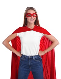Photo of Confident woman wearing superhero cape and mask on white background