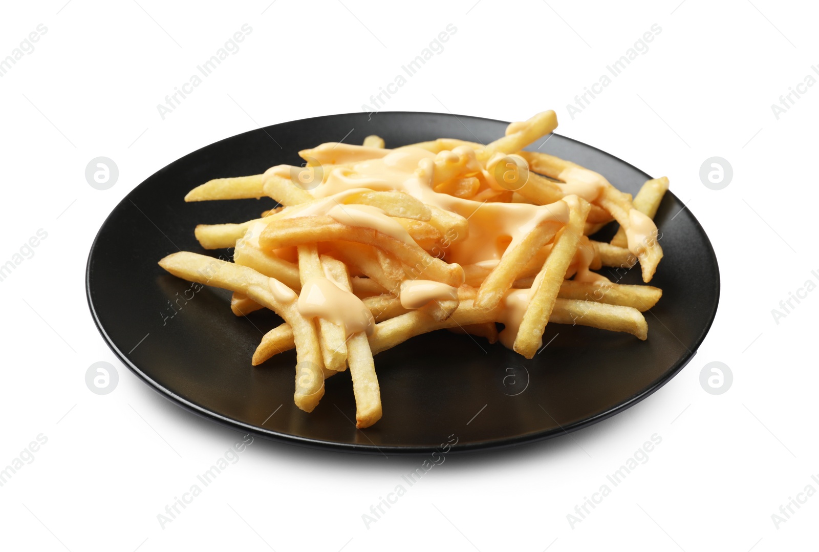 Photo of Delicious French fries with cheese sauce isolated on white