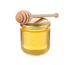 Photo of Tasty honey in glass jar and dipper isolated on white